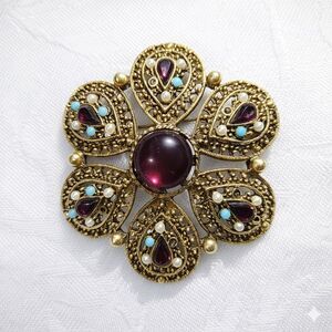 Vintage Gold Tone Floral Brooch, Purple Cabochon & Faux Pearl Pin